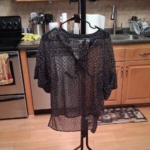 CAbi Black Sheer Dot-Print Flutter Blouse